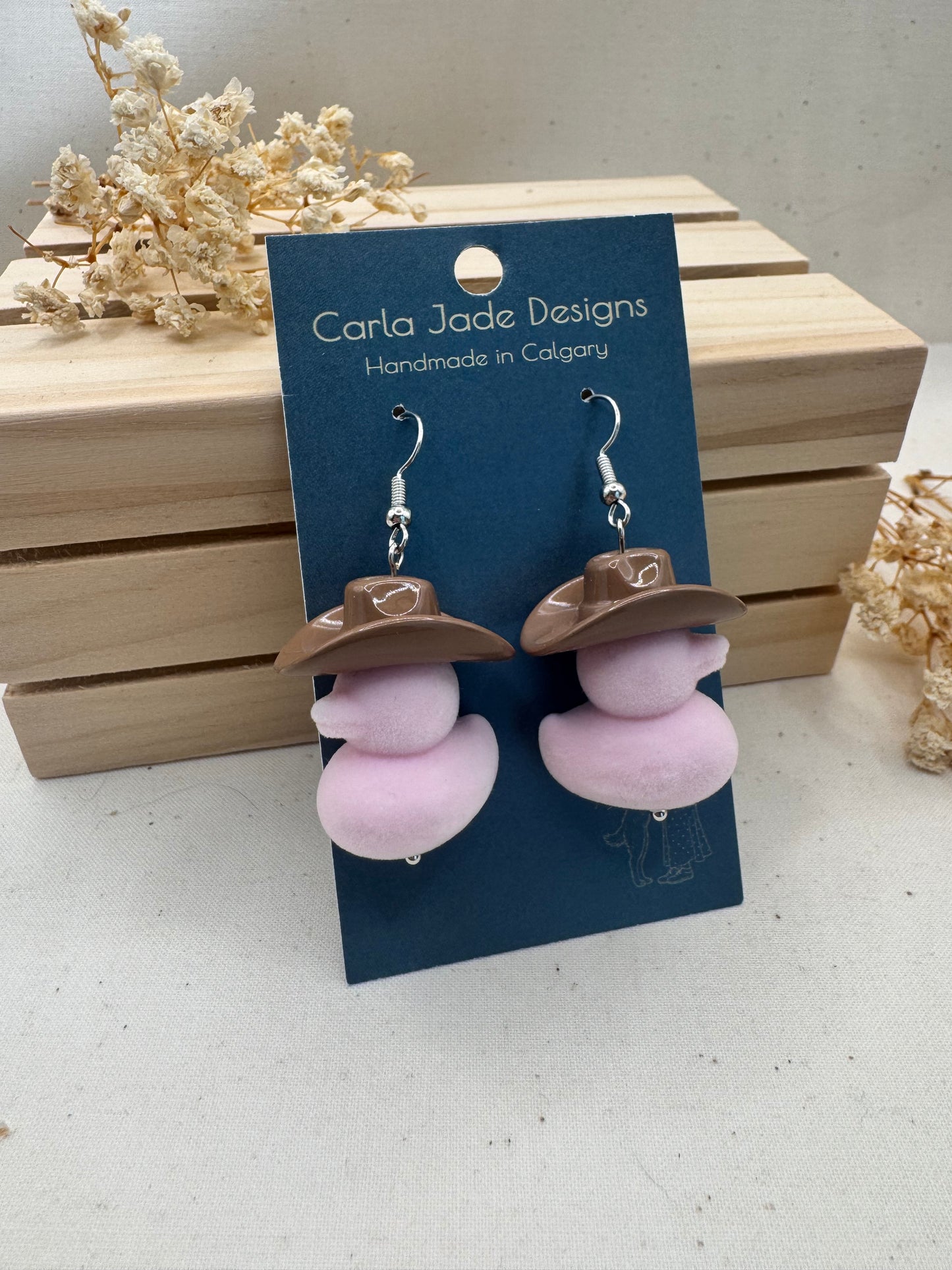 Howdy Duck Earrings - Brown & Flocked Pink