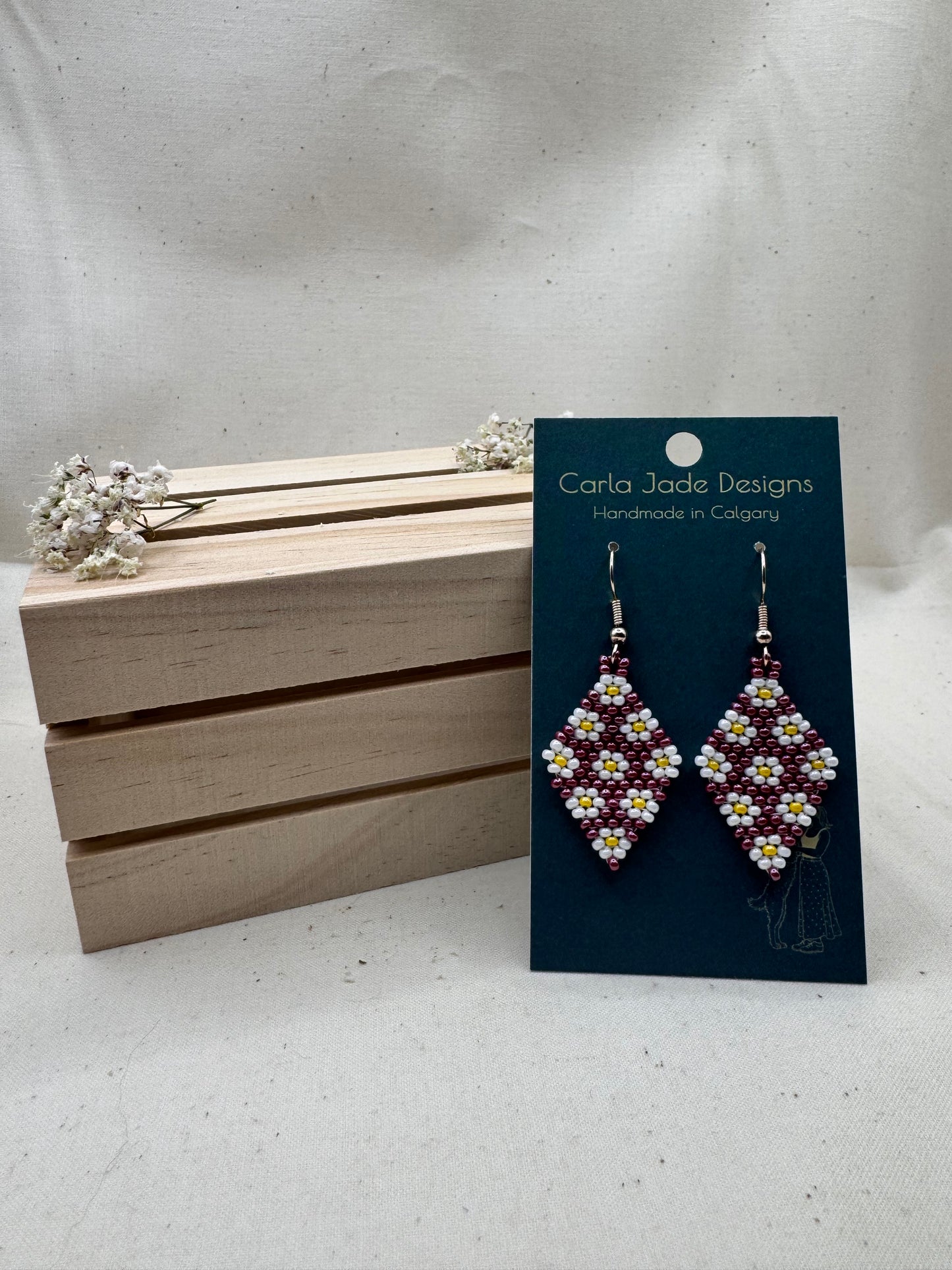Flower Diamond Earrings - Maroon, White and Yellow