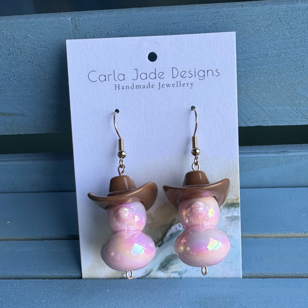 Cowboy Duck Earrings - Brown & Pink