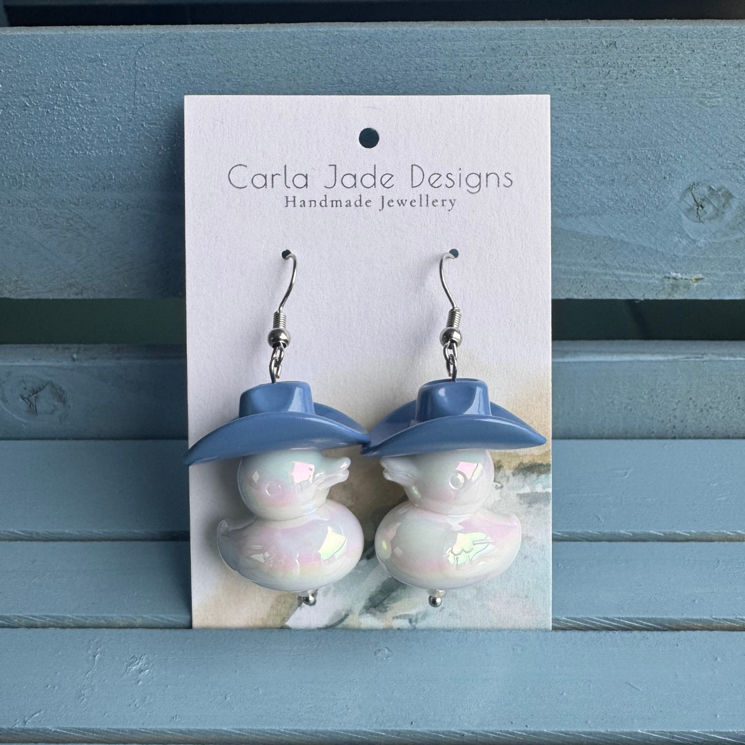 Cowboy Duck Earrings - Blue & White