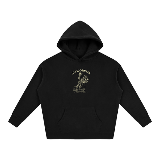 No Worries Hockey Club unisex oversized hoodie with buttercream artwork in Navy Blue – product view