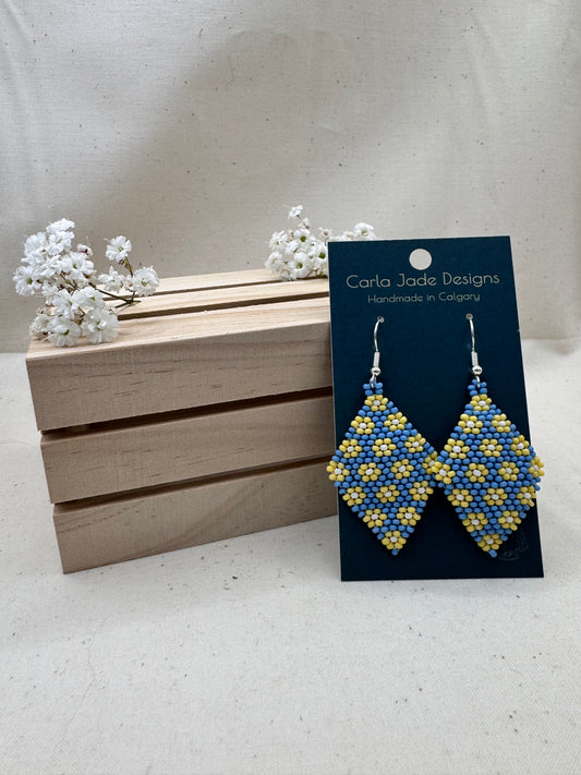 Flower Diamond Earrings - Blue, Yellow & White