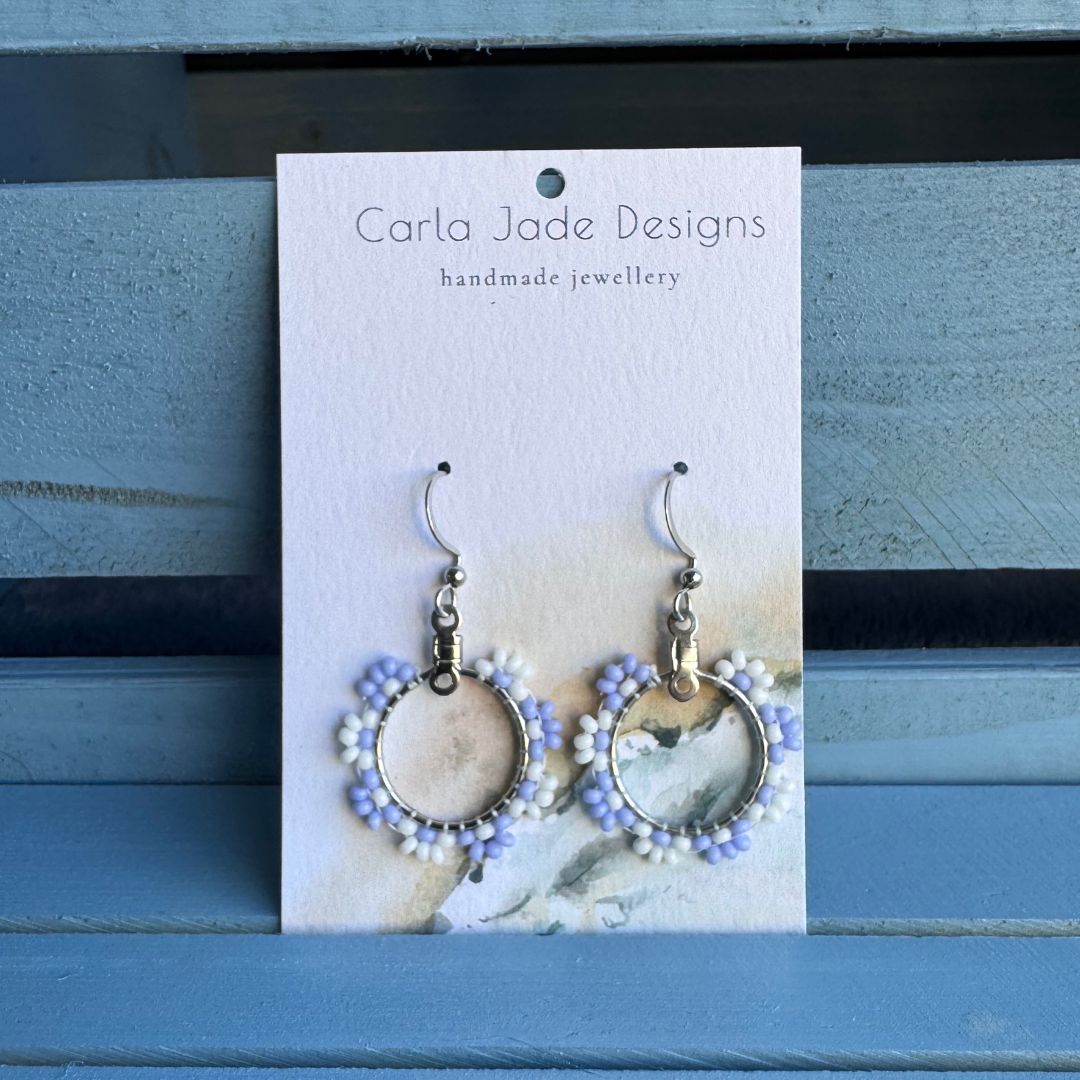 Flower Hoop Earrings - Purple & White