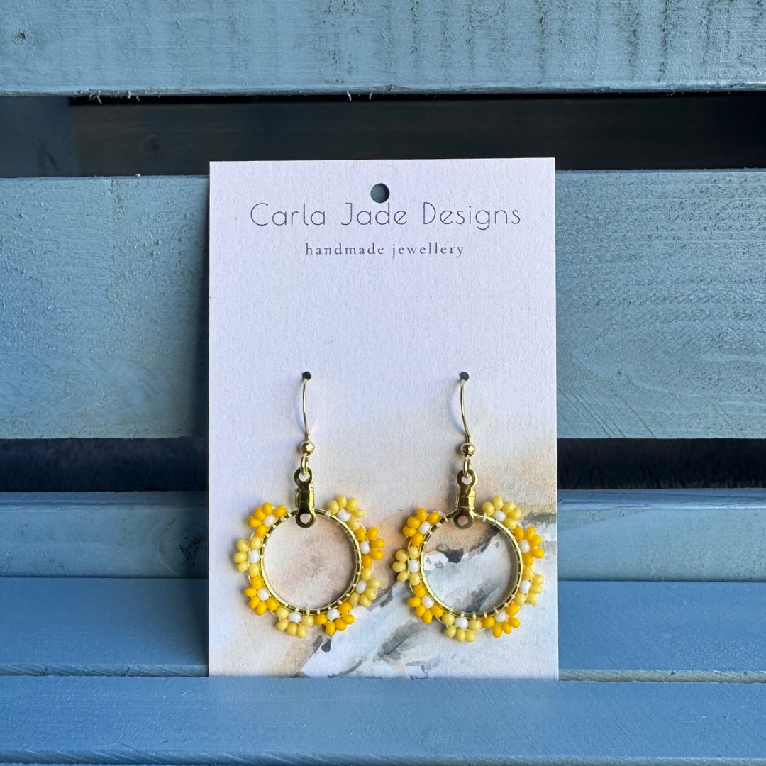 Flower Hoop Earrings - Yellow and White