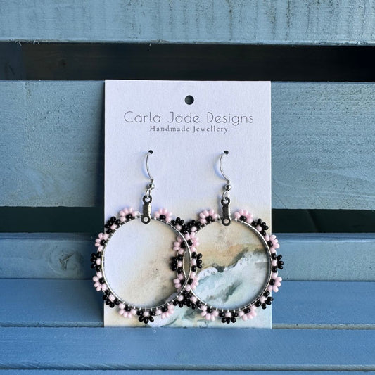 Flower Hoop Earrings - Black and Pink