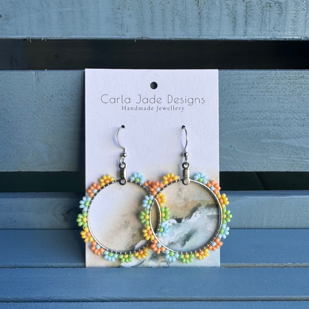 Flower Hoop Earrings - Blue, Orange, Yellow and Green