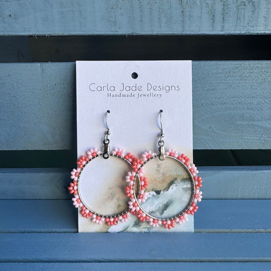 Flower Hoop Earrings - Orange and Pink