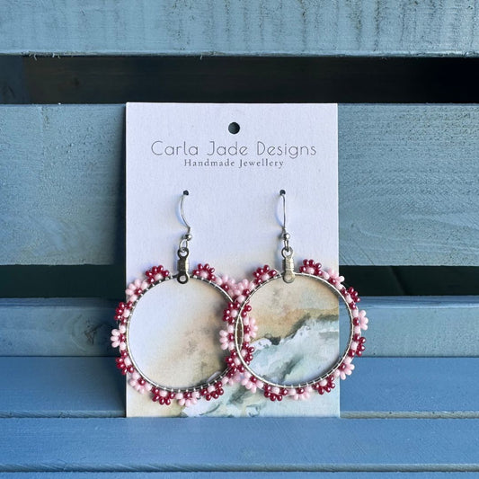 Flower Hoop Earrings - Pink & Maroon