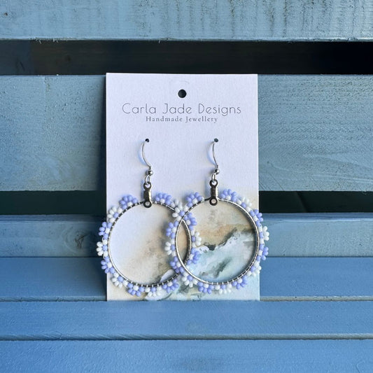 Flower Hoop Earrings - Purple & White
