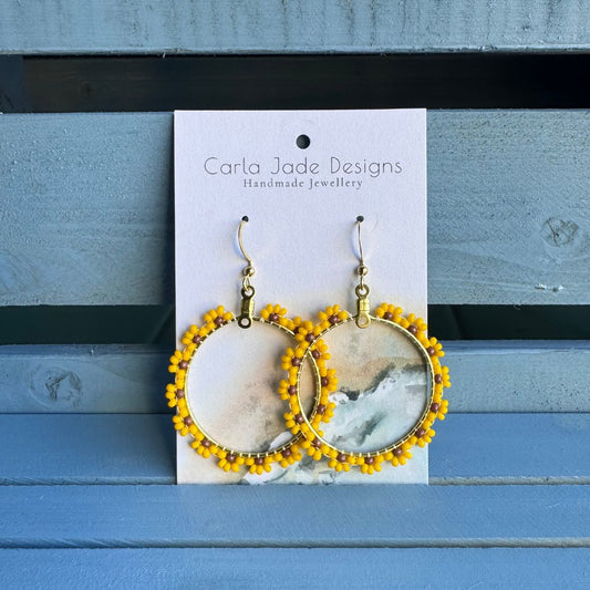 Flower Hoop Earrings - Yellow & Brown Sunflower