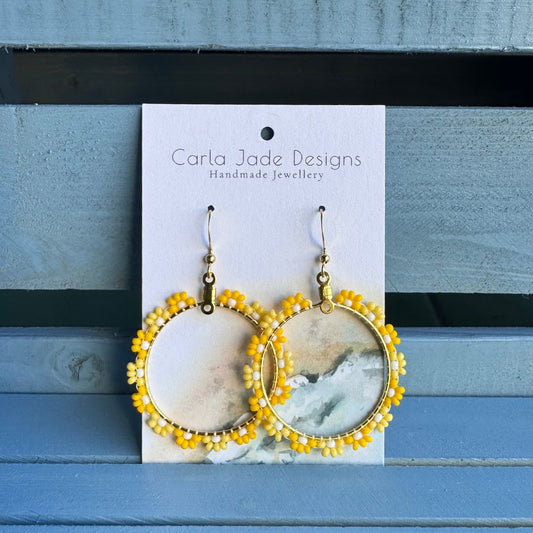 Flower Hoop Earrings - Yellow and White