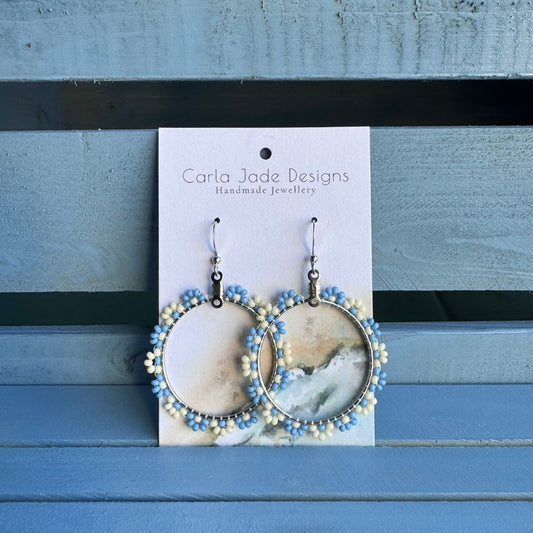 Flower Hoop Earrings - Light Blue and Bone