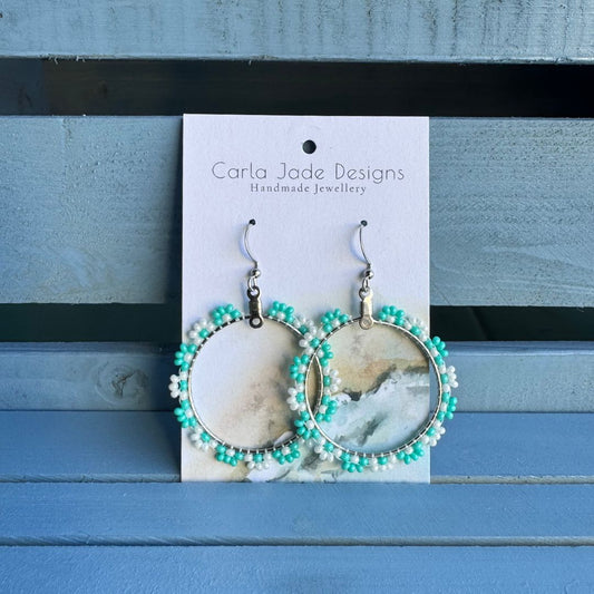 Flower Hoop Earrings - Turquoise & White Pearl