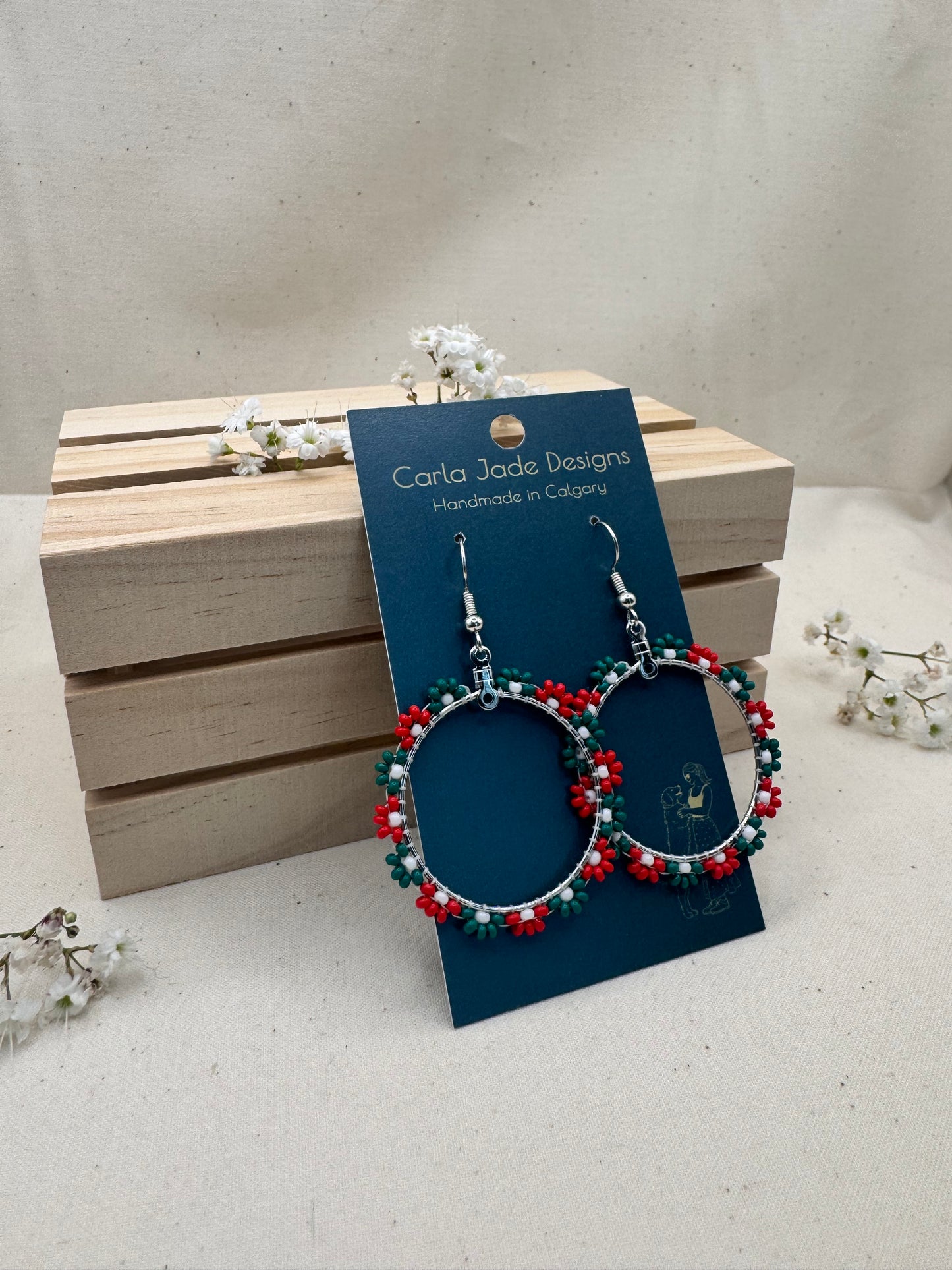 Flower Hoop Earrings - Large - Christmas Bells