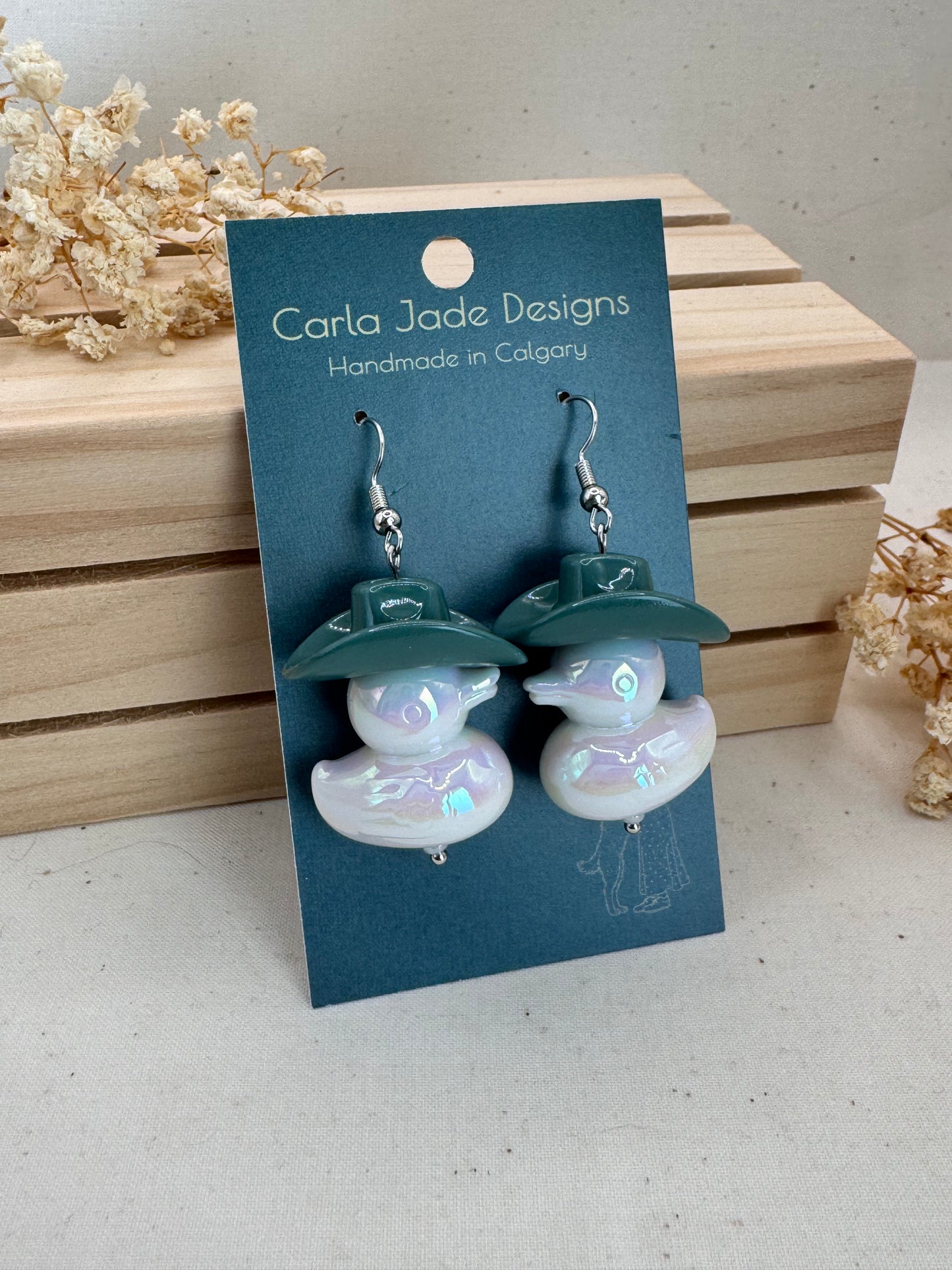 Howdy Duck Earrings - Dark Green & White
