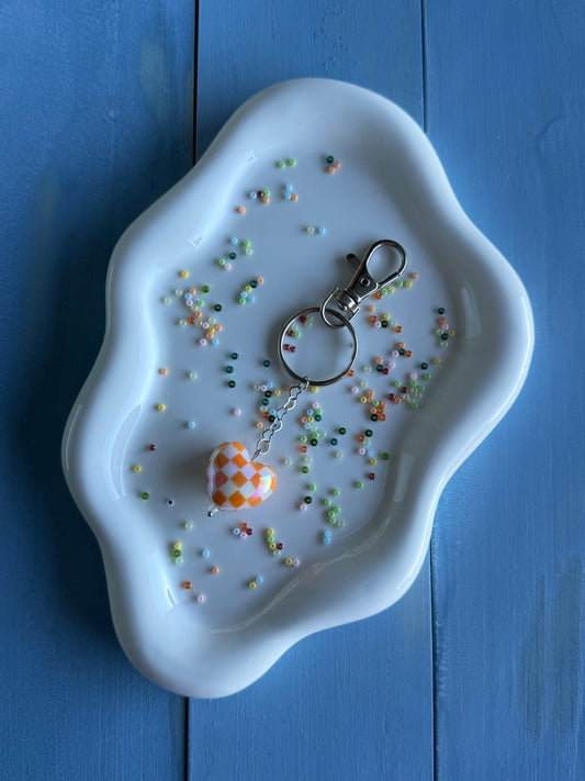 Key Ring - Heart - Orange Checkered