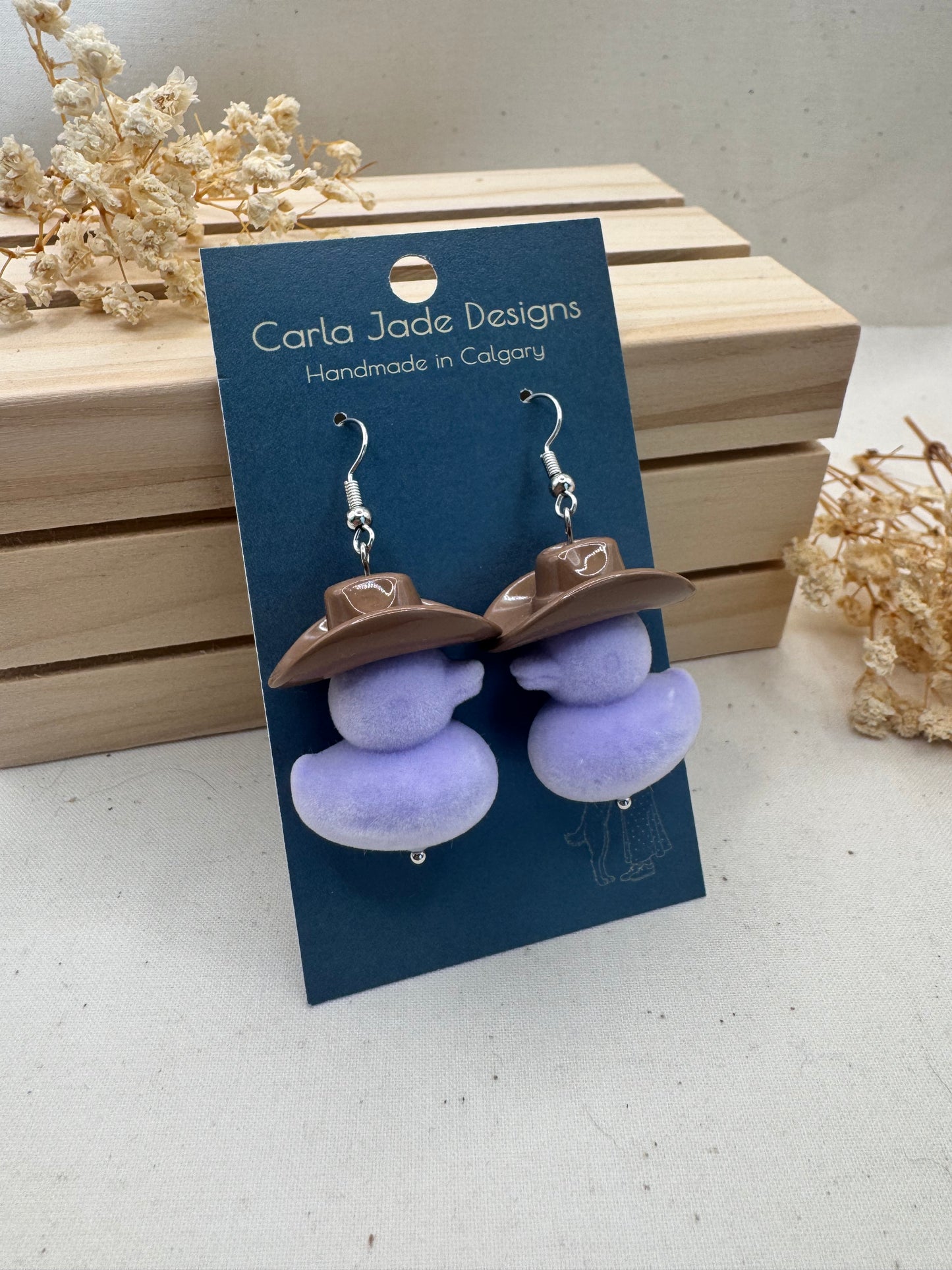 Howdy Duck Earrings - Brown & Flocked Purple