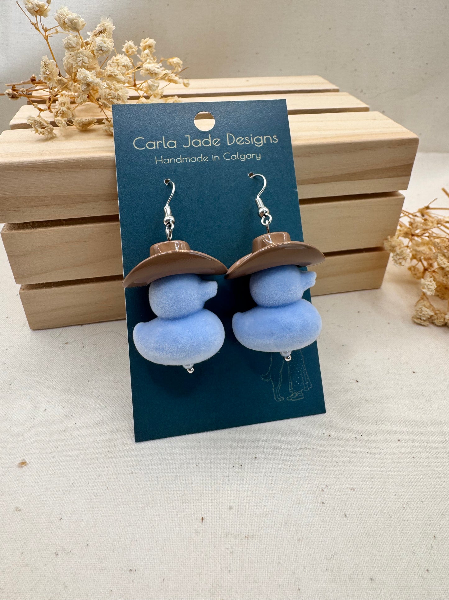 Howdy Duck Earrings - Brown & Flocked Blue