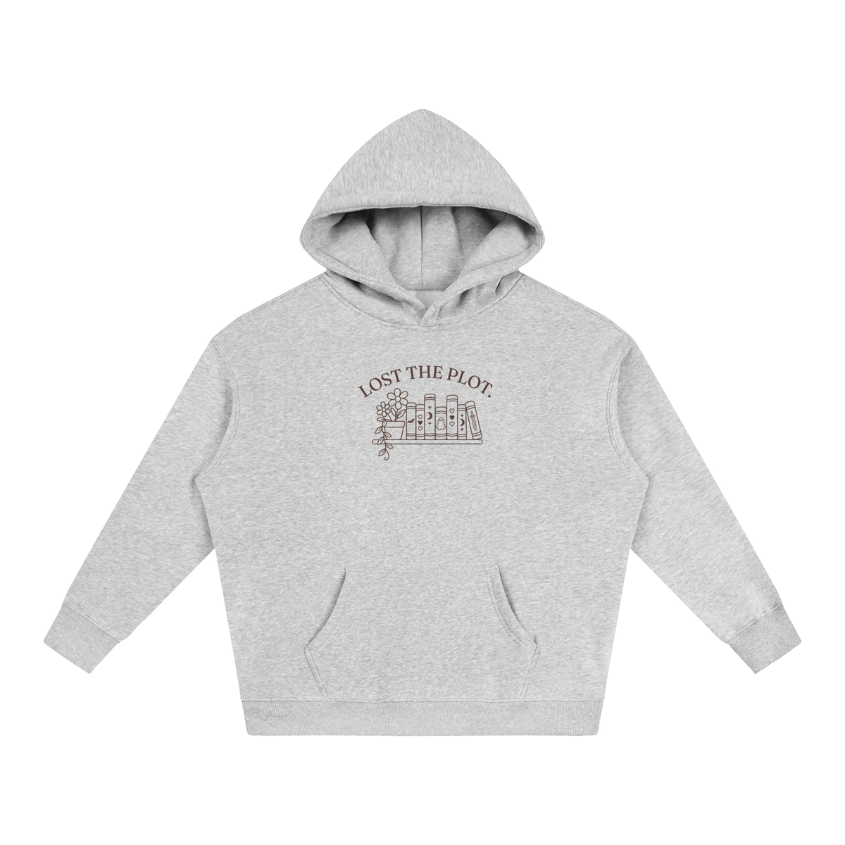 Lost the Plot oversized hoodie – Flower Gray hoodie with Espresso design, front view