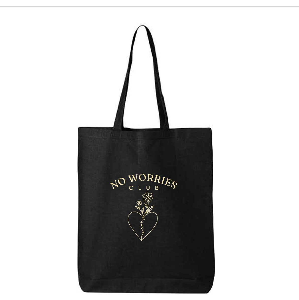 No Worries Club black 12L tote bag mockup