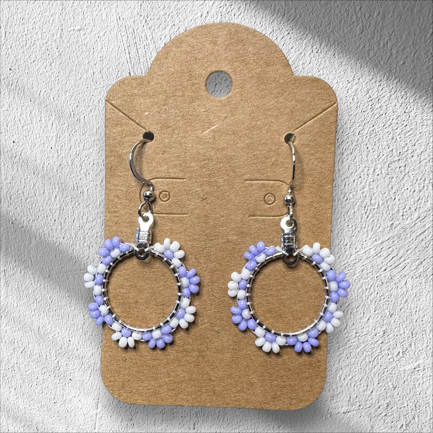 Flower Hoop Earrings - Purple & White