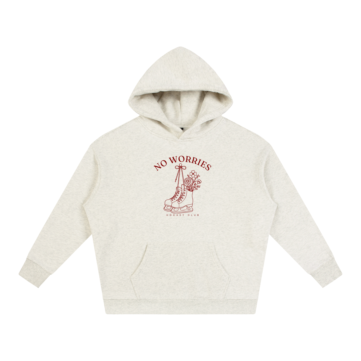 No Worries Hockey Club oversized hoodie – Oat Gray hoodie with Maroon design, front view
