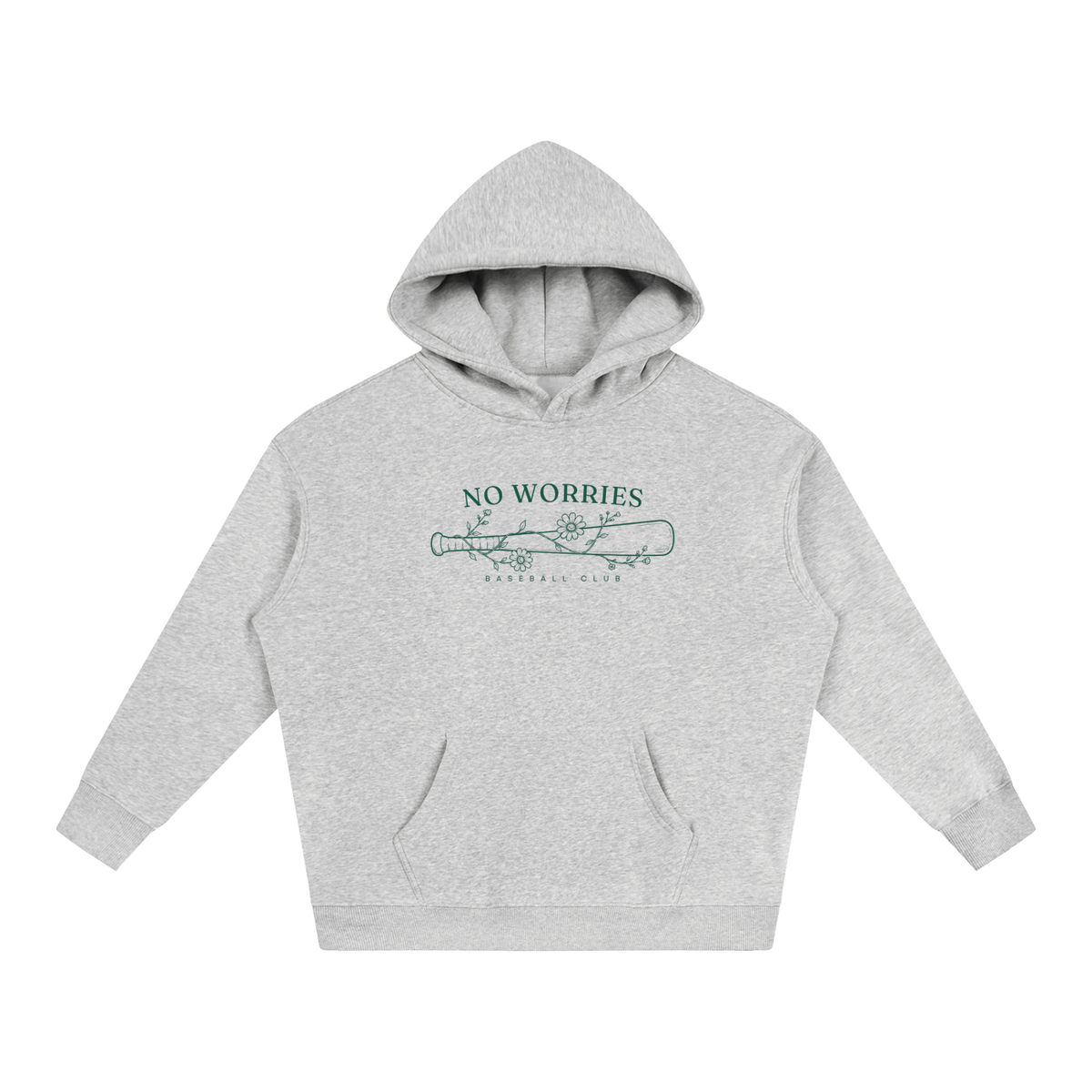 No Worries Baseball Club oversized hoodie – Flower Gray hoodie with Forest Green design, front view