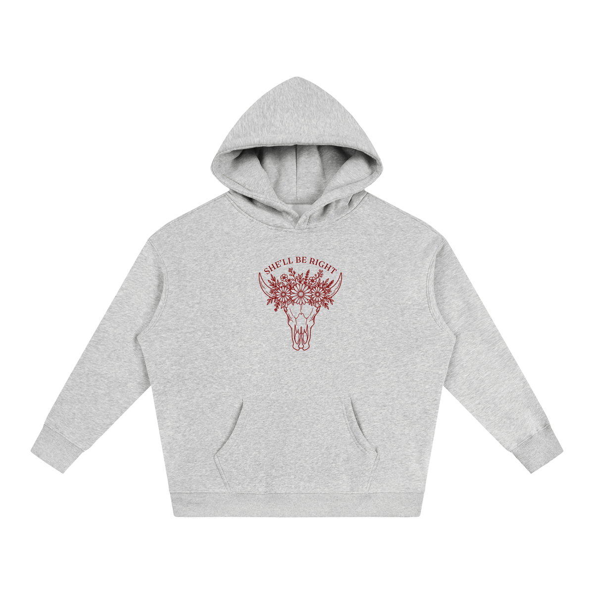 She’ll Be Right oversized hoodie – Flower Gray hoodie with Maroon design, front view