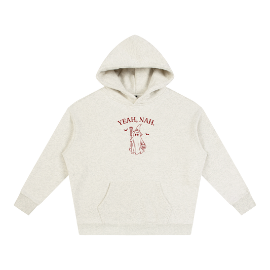Yeah, Nah oversized hoodie – Oat Gray hoodie with Maroon design, front view