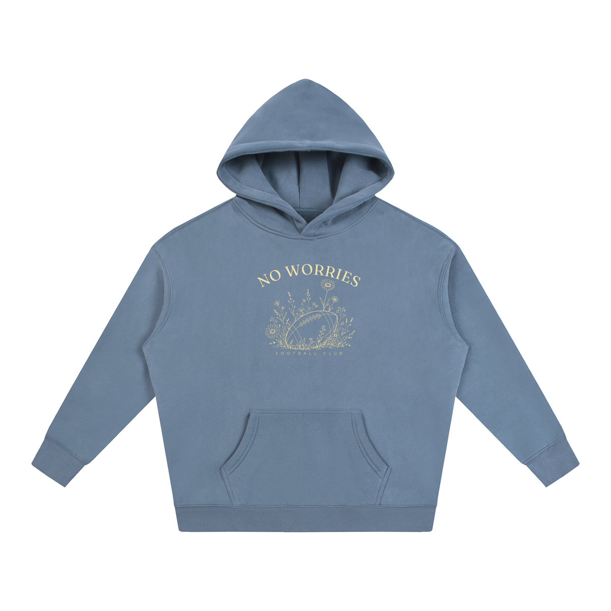 No Worries Football Club oversized hoodie – Jeans Blue hoodie with Buttercream design, front view