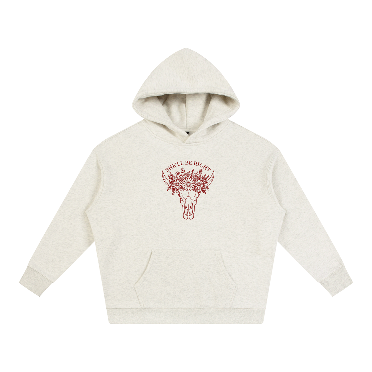 She’ll Be Right oversized hoodie – Oat Gray hoodie with Maroon design, front view