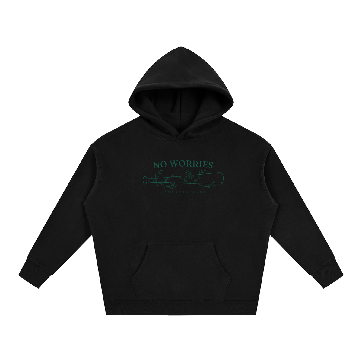 No Worries Baseball Club oversized hoodie – Black hoodie with Forest Green design, front view