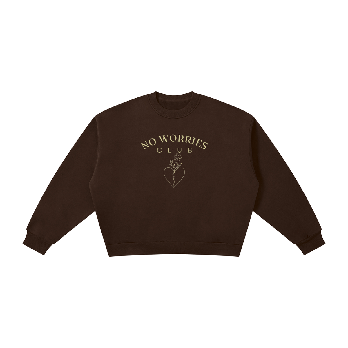 No Worries Club ladies’ oversized crewneck with buttercream artwork in Coffee – front view
