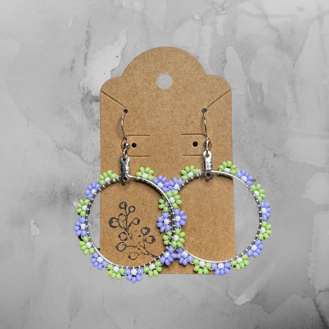 Flower Hoop Earrings - Green & Purple