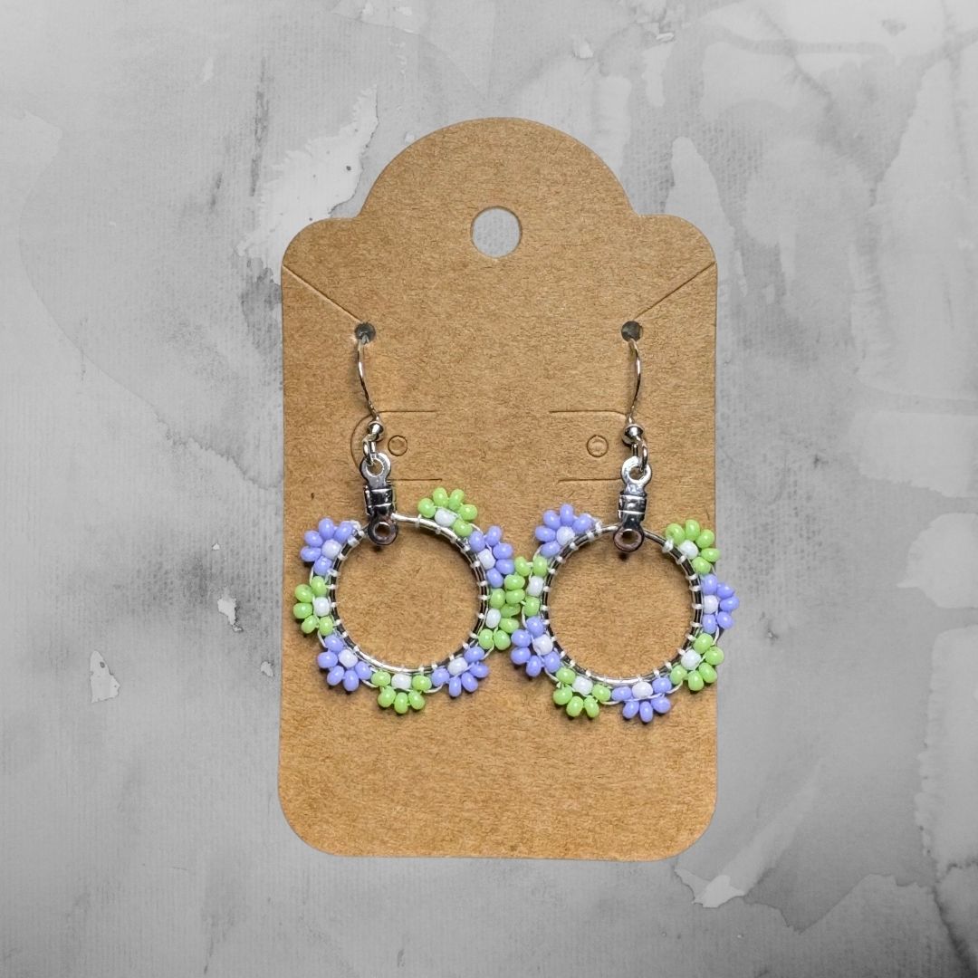 Flower Hoop Earrings - Green & Purple