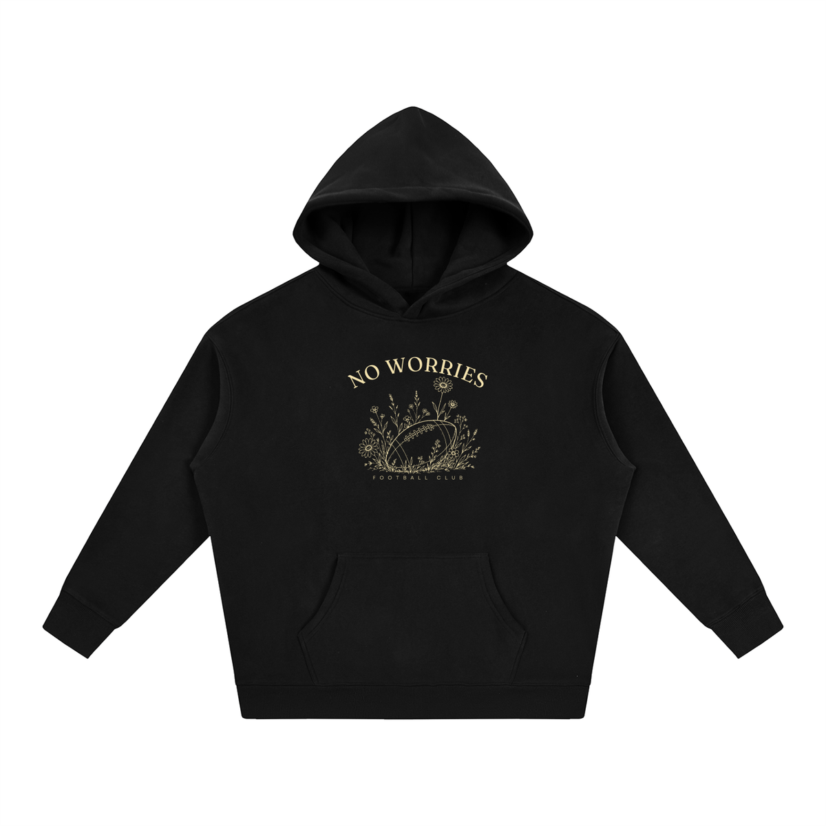 No Worries Football Club oversized hoodie – Black hoodie with Buttercream design, front view