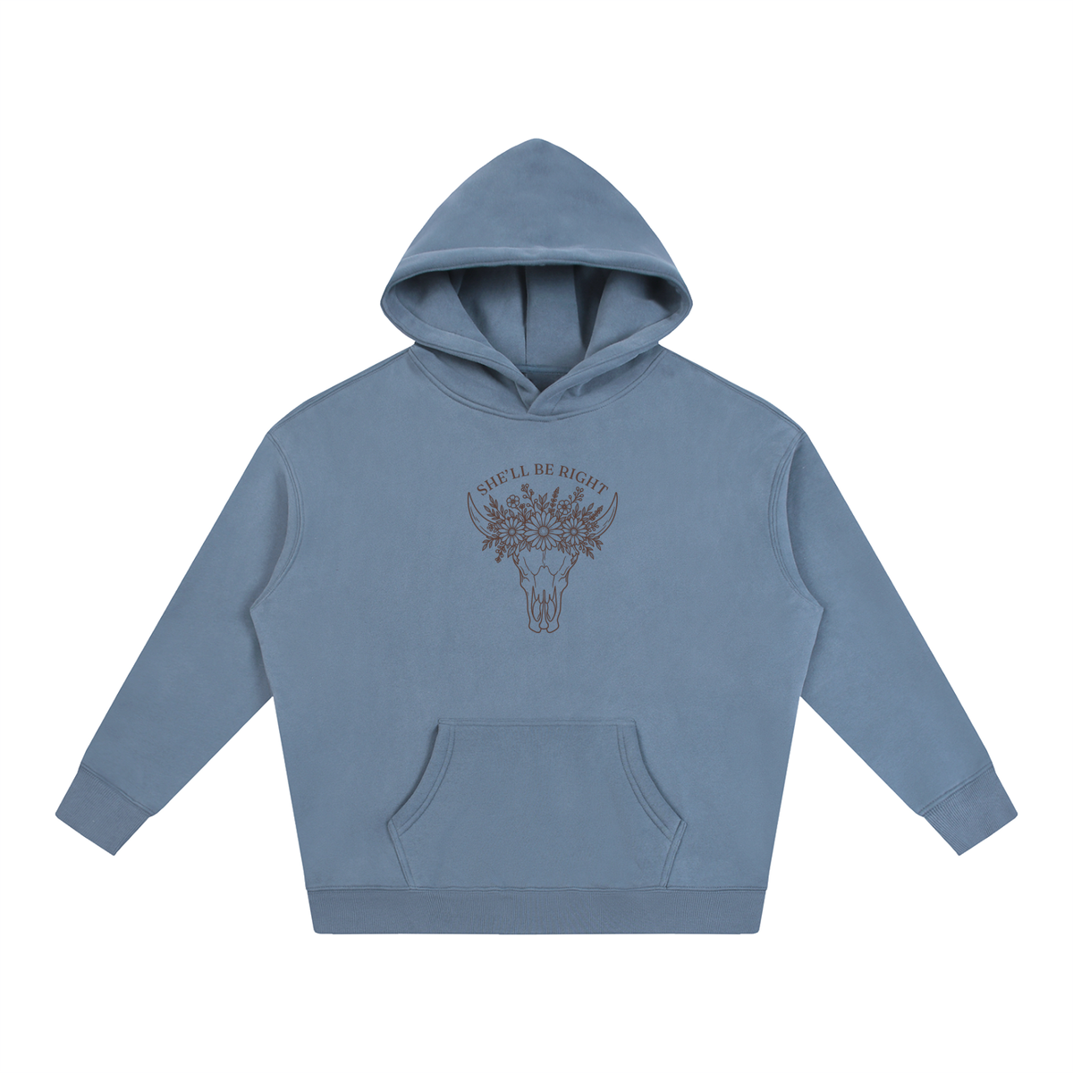 She’ll Be Right oversized hoodie – Jeans Blue hoodie with Espresso design, front view