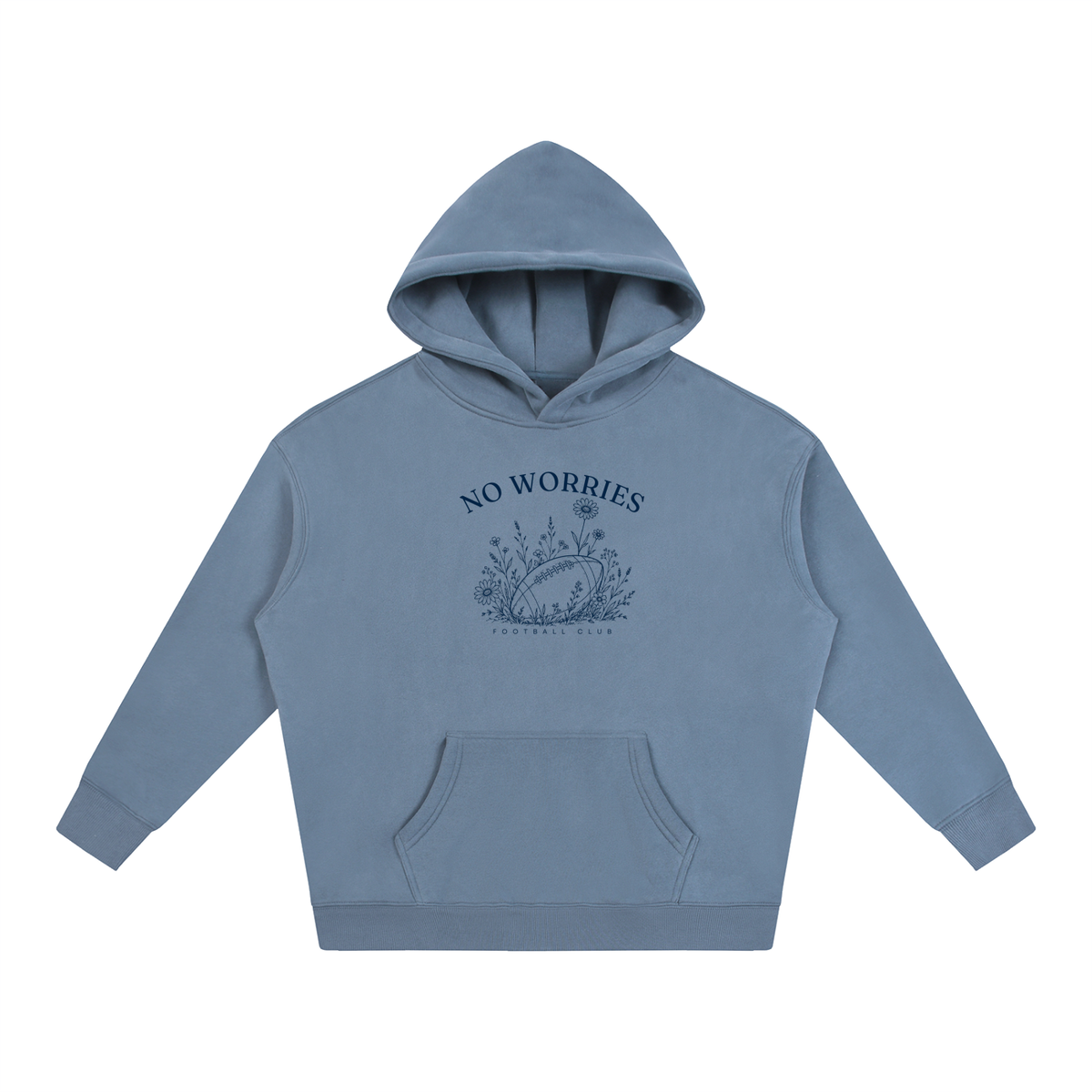 No Worries Football Club oversized hoodie – Jeans Blue hoodie with Navy design, front view