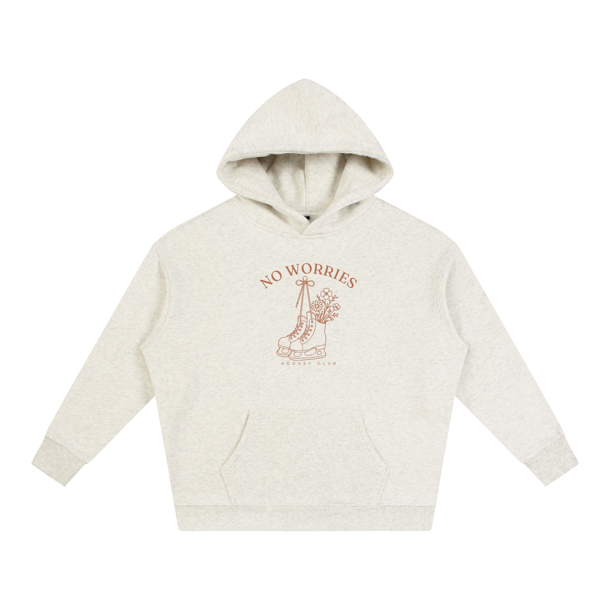 No Worries Hockey Club oversized hoodie – Oat Gray hoodie with Terracotta design, front view