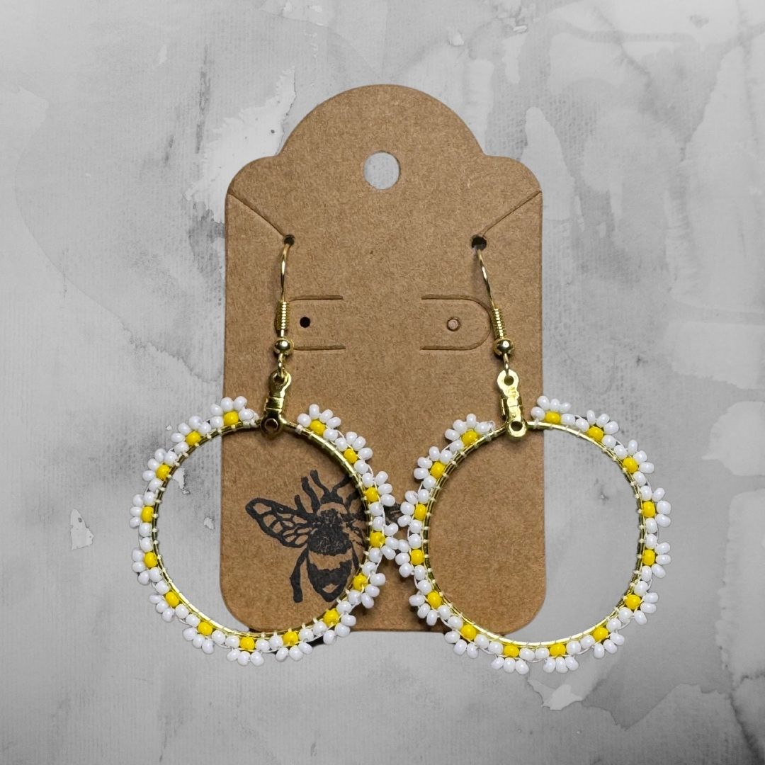 Flower Hoop Earrings - Yellow & White