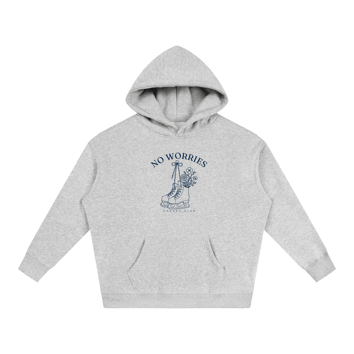 No Worries Hockey Club oversized hoodie – Flower Gray hoodie with Navy design, front view