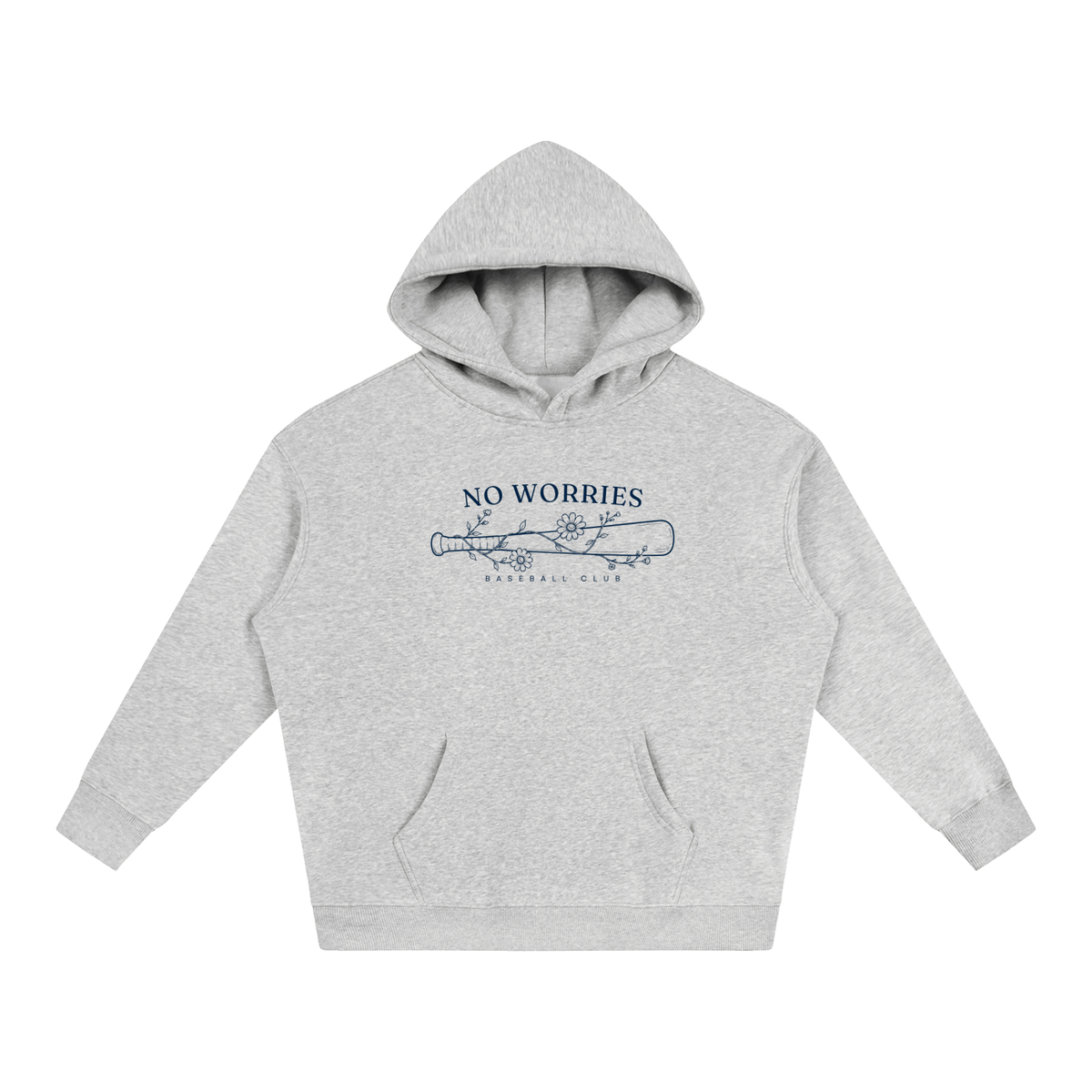 No Worries Baseball Club oversized hoodie – Flower Gray hoodie with Navy design, front view