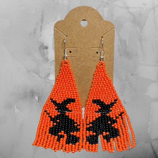 Witch on Broomstick Earrings - Orange and Black