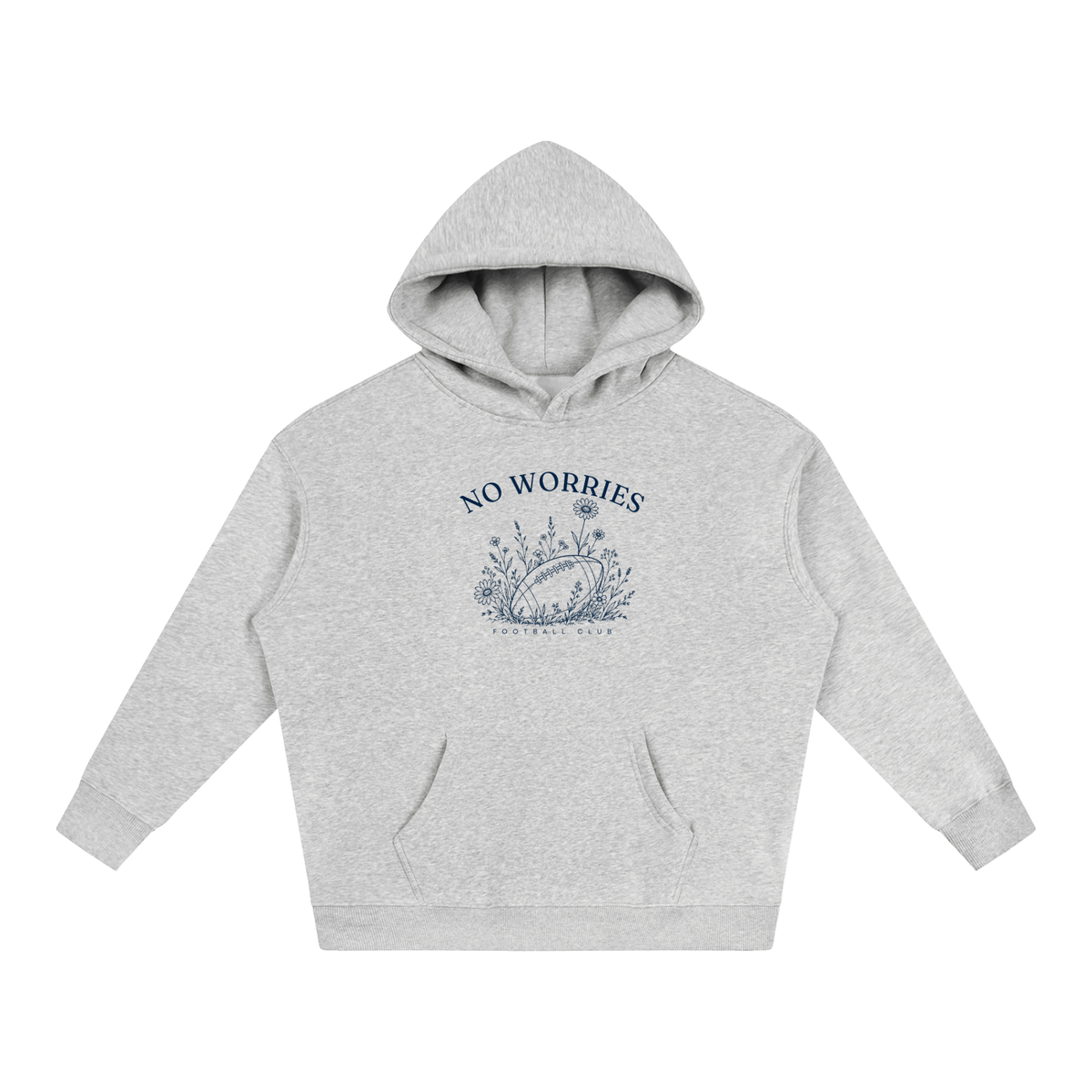 No Worries Football Club oversized hoodie – Flower Gray hoodie with Navy design, front view