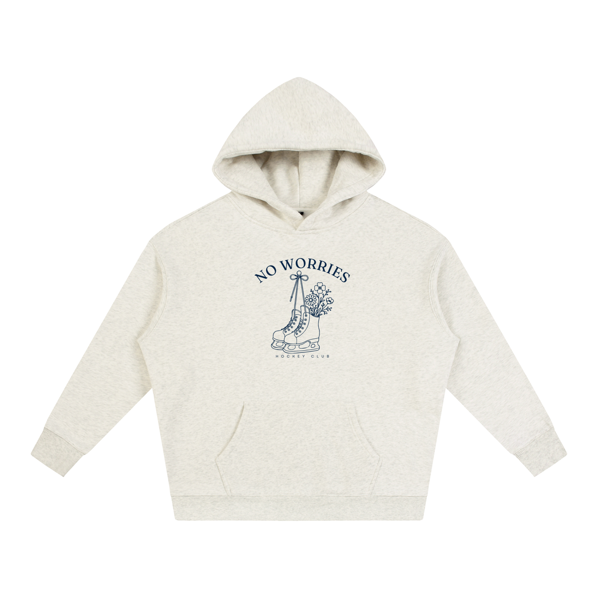 No Worries Hockey Club oversized hoodie – Oat Gray hoodie with Navy design, front view