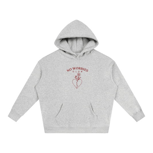 No Worries Club unisex oversized hoodie with cherry artwork in Oat Gray – product view