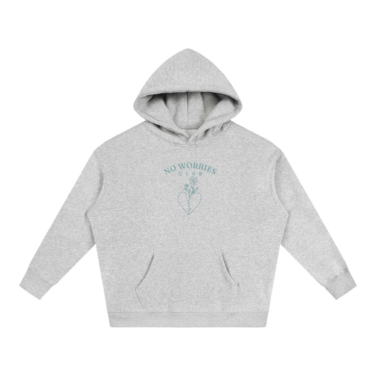 No Worries Club oversized hoodie – Flower Gray hoodie with Turquoise design, front view