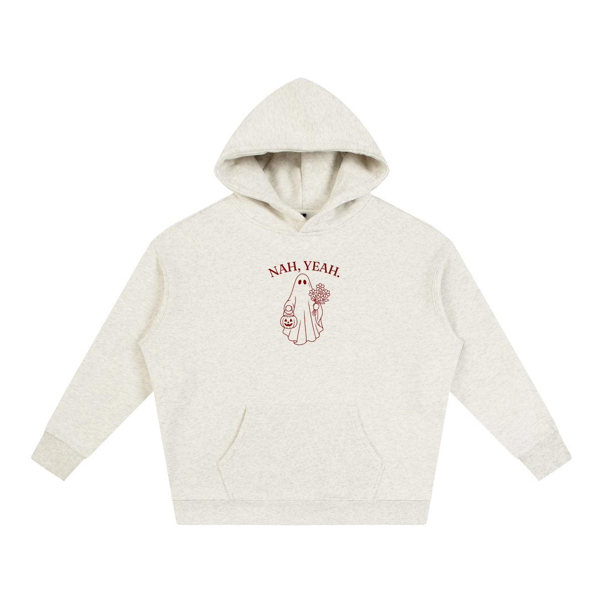 Nah, Yeah oversized hoodie – Oat Gray hoodie with Maroon design, front view