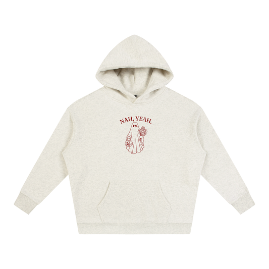 Nah, Yeah oversized hoodie – Oat Gray hoodie with Maroon design, front view