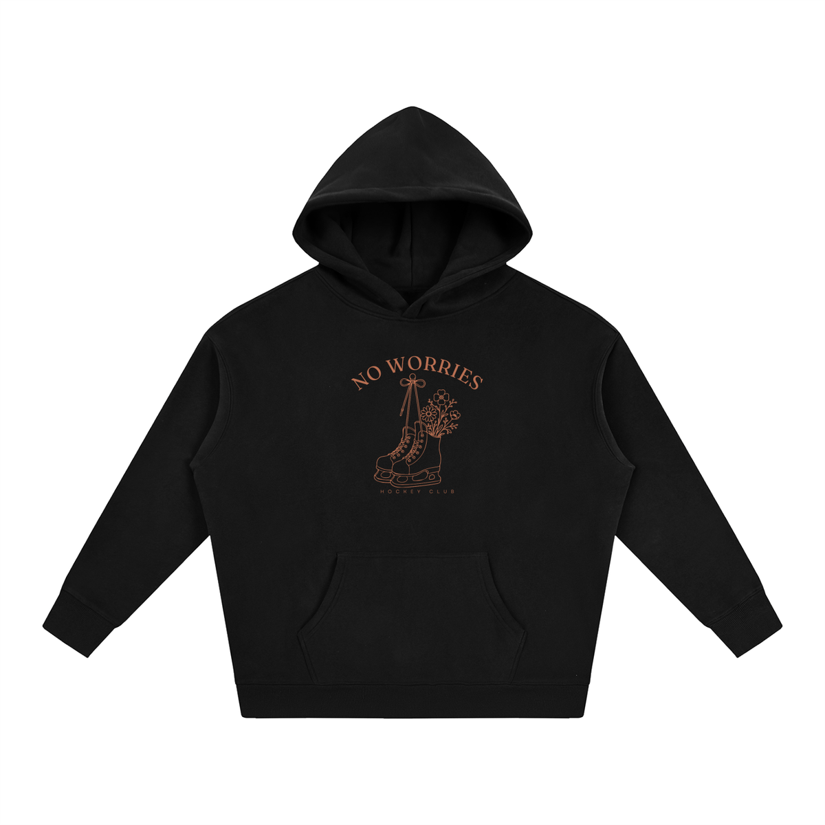 No Worries Hockey Club oversized hoodie – Black hoodie with Terracotta design, front view